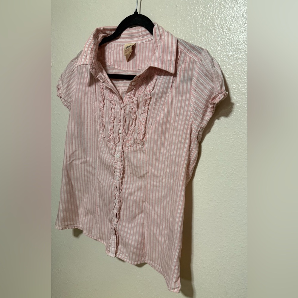 Faded Glory Pink Striped Button Up Blouse Ruffle Top | Cottagecore Casual Shirt - Picture 3 of 4